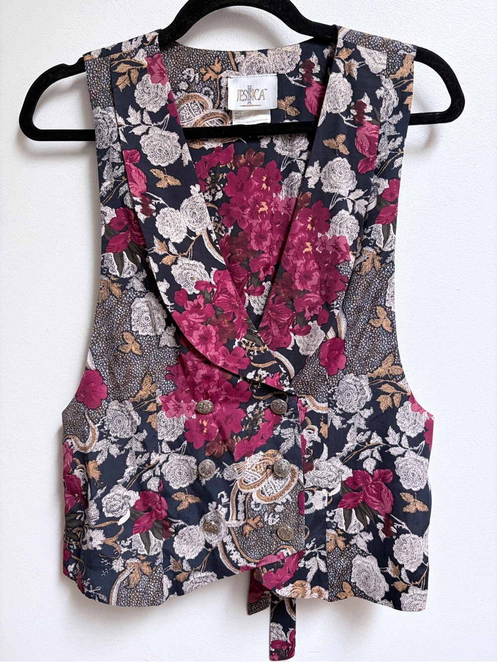 Vintage 90βs Jessica Pillar Label Floral Tapestry Double Breasted Vest Sz 13/14